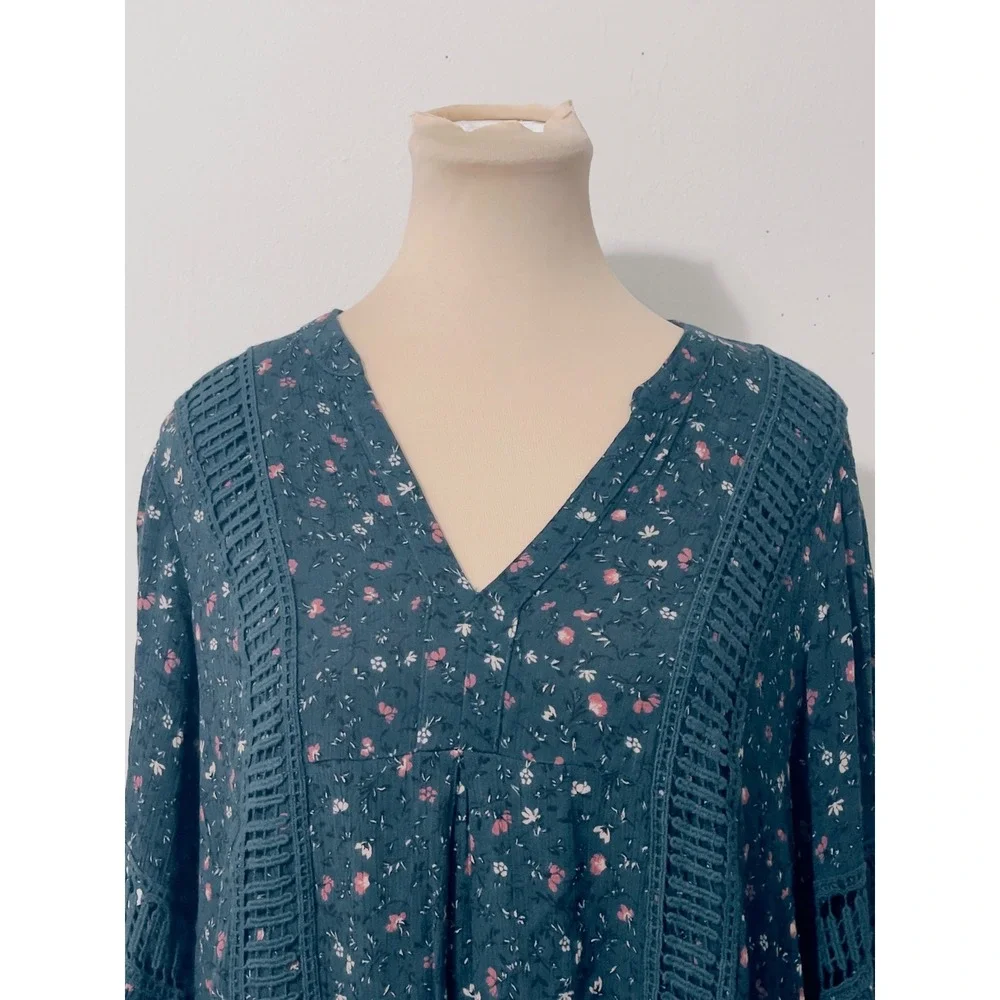 Knox Rose Women Teal Floral Crochet‎  Bell Sleeve Boho Cottagecore Dress Size M